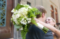 A bridal bouquet featuring white hydrangea, freesia, and maidenhair fern. Floressence. Alyssa Rose Photography.