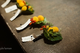 Craspedia and rosemary boutonnieres, by Floressence.