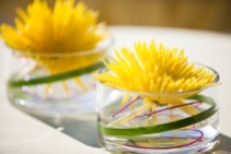 A simple cocktail centerpiece of cheerful yellow spider mums with a twist of lily grass. Design by Floressence.
